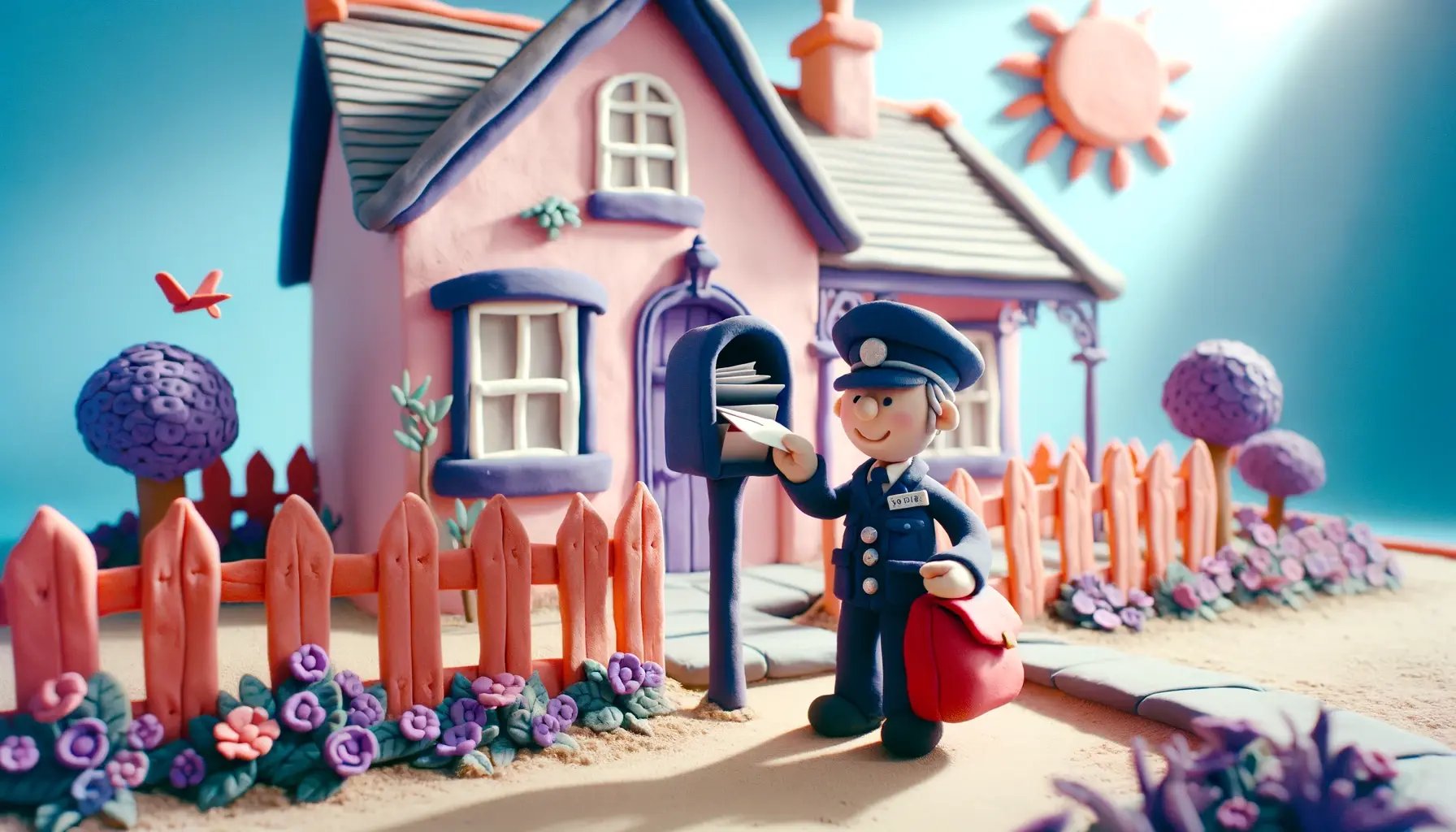 A claymation scene depicting a postman delivering letters. The postman, with a friendly face and a navy blue uniform, is standing in front of a charmi