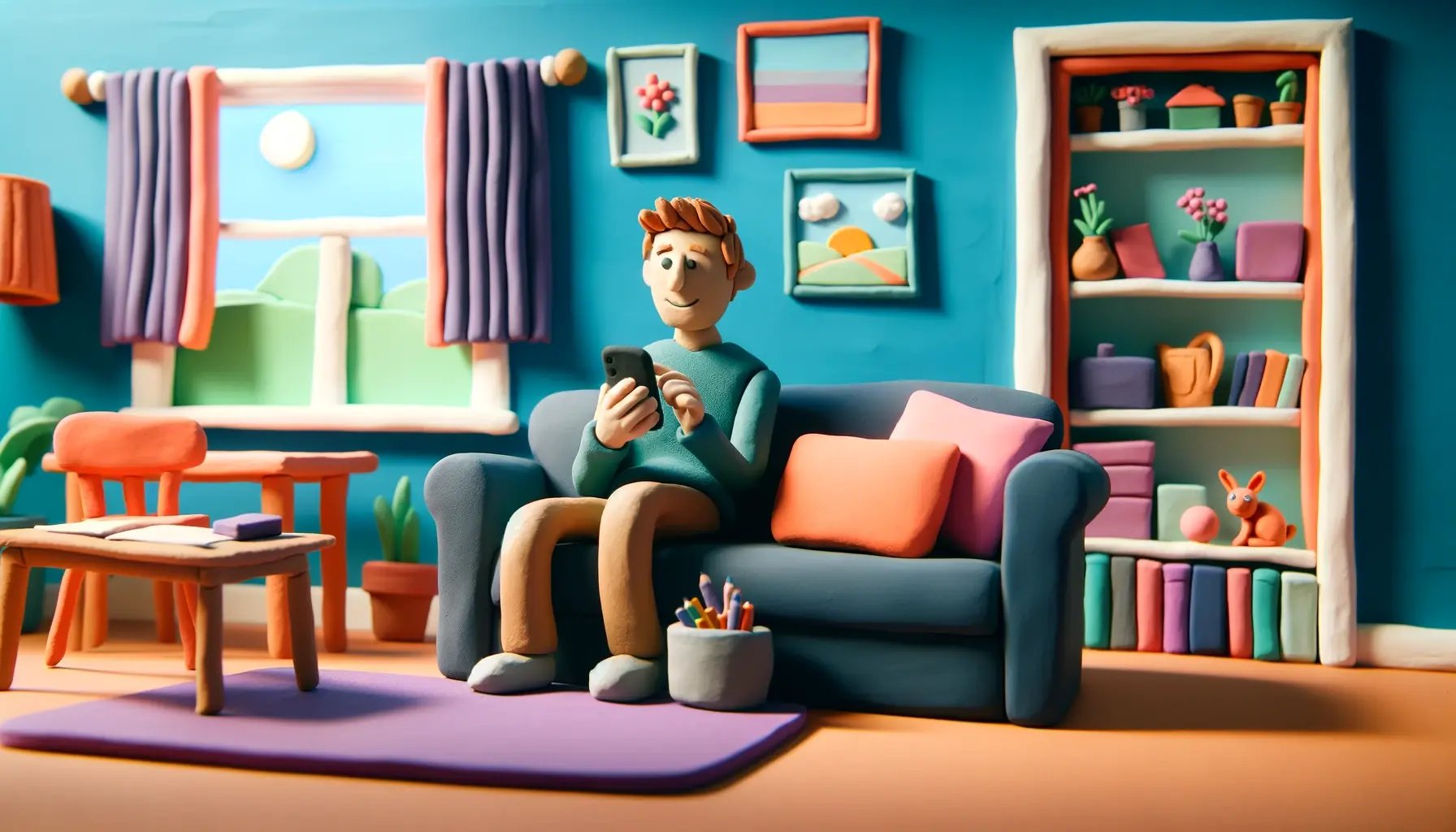 A claymation scene depicting someone at home using their smartphone. The person, with a friendly expression, is sitting comfortably on a colorful couc