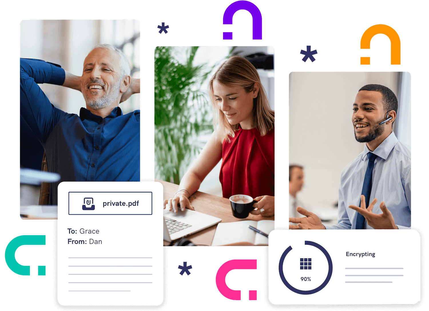 Beyond Encryption Homepage Graphic Showing Secure Email UX And Professionals Using Secure Email Online