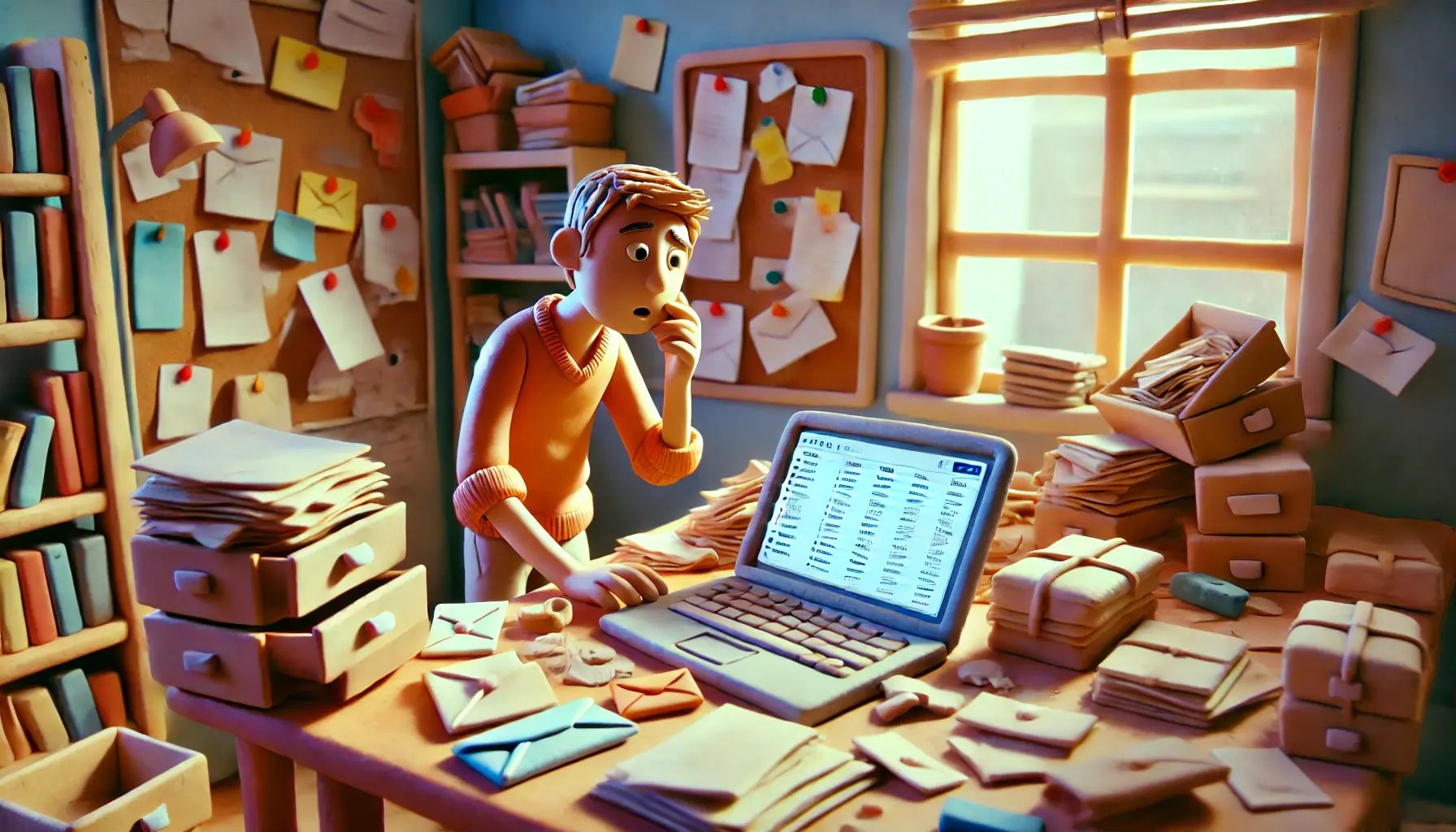 A claymation scene in 16_9 aspect ratio of a person searching for their mail and digital documents. The scene shows a cluttered desk with piles of pap