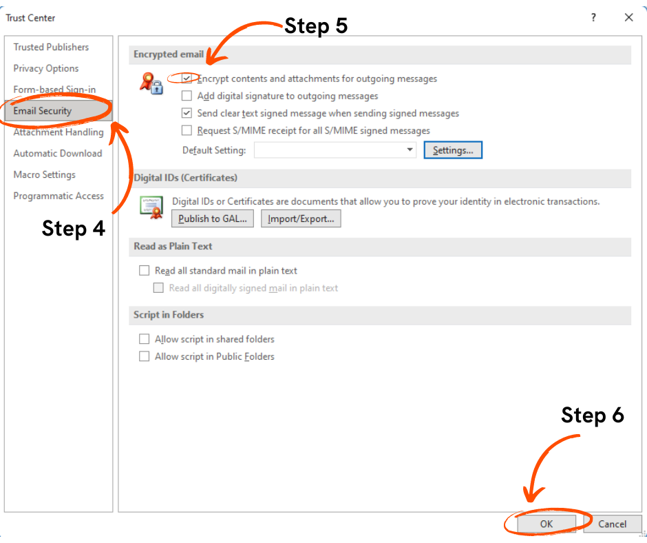 Enable S_MIME encryption in Outlook - Step 4, 5, 6