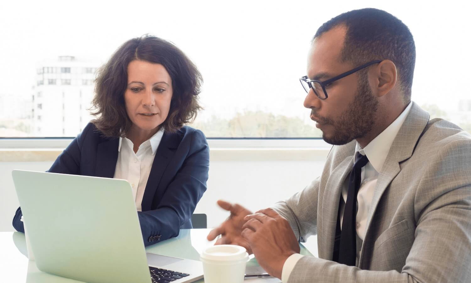 Financial adviser working with customer on laptop