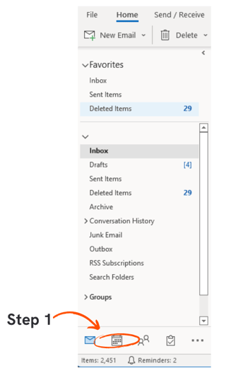 Hiding your calendar in the Windows desktop Outlook app step 1