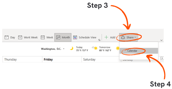 Hiding your calendar in the Windows desktop Outlook app steps 3 and 4