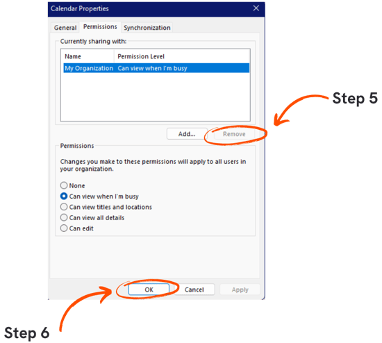 Hiding your calendar in the Windows desktop Outlook app steps 5 and 6