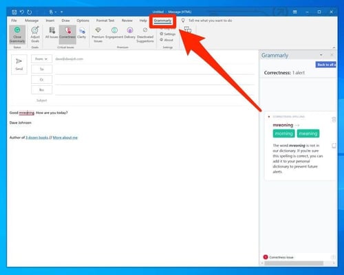 Grammarly Outlook add-in screenshot