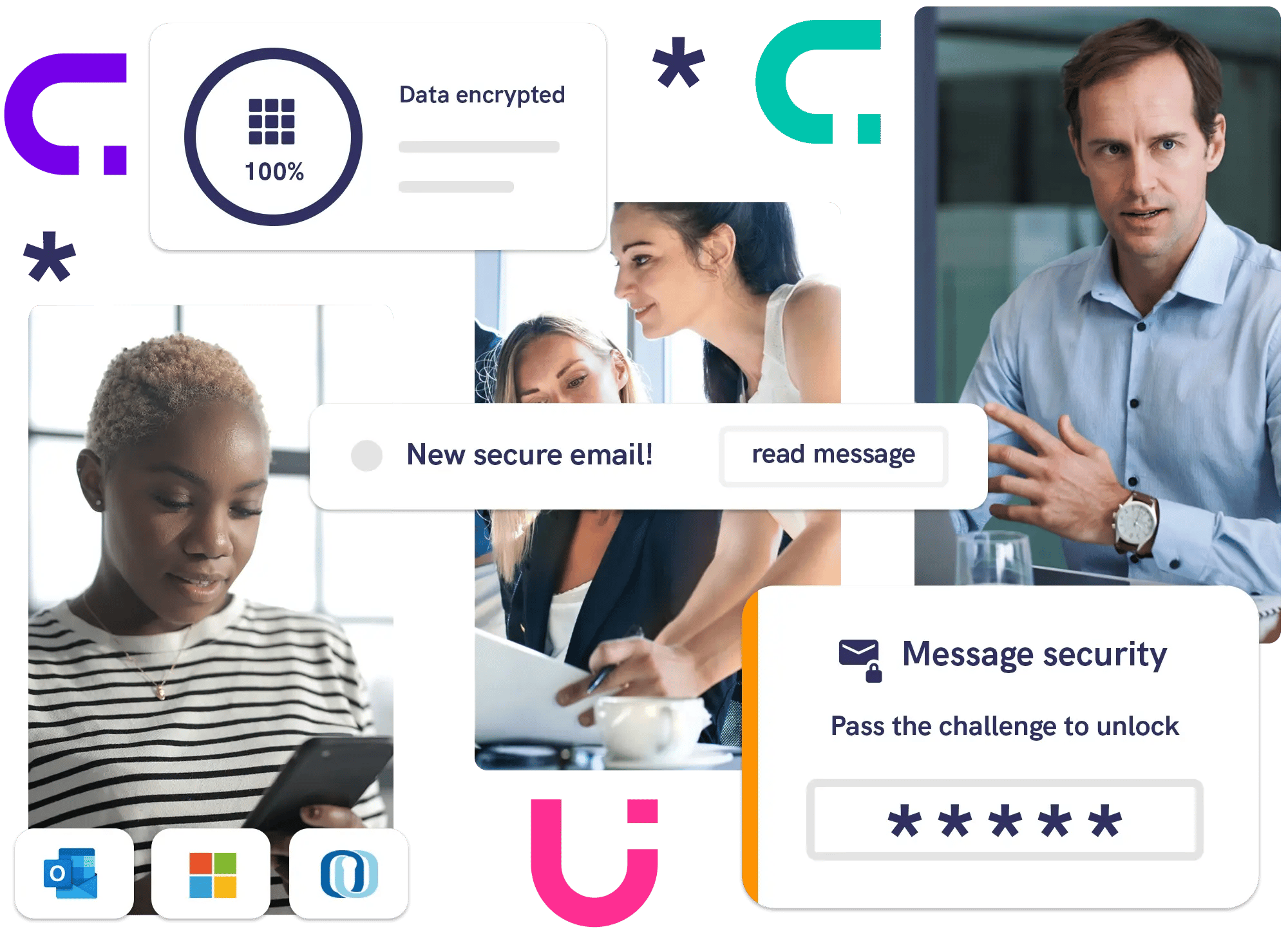 Mailock secure email notification showing encrypted message delivery, recipient authentication challenge, and users accessing protected communications