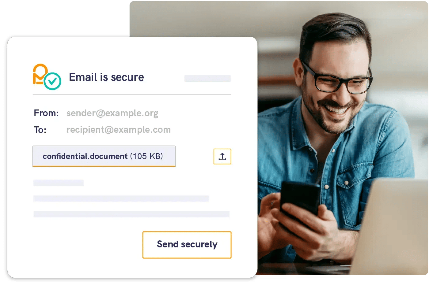 Man in office using free secure email on laptop and smiling