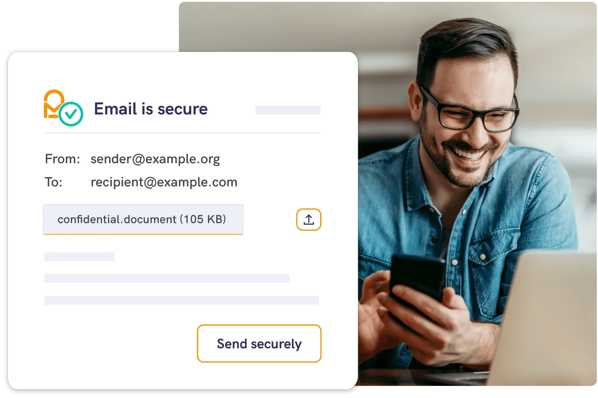 Man in office using free secure email on laptop and smiling