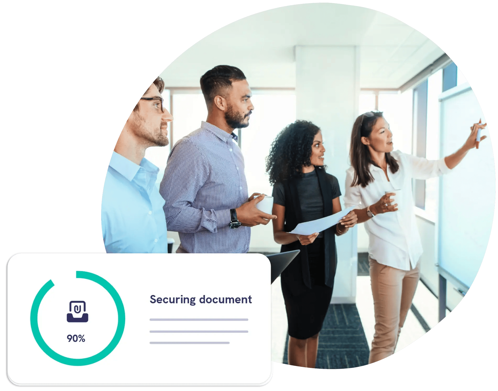 Team reviewing information on whiteboard, representing secure document handling and protected business communication with Mailock