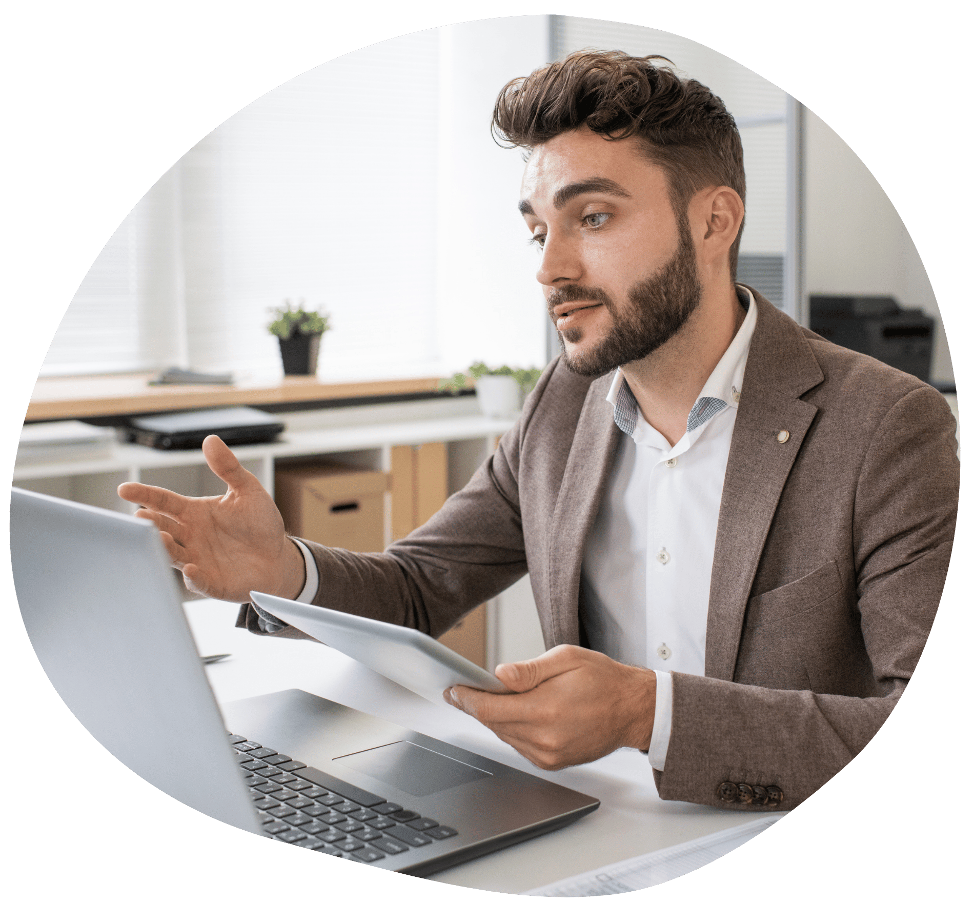 Professional reviewing documents during a video call, representing secure document sharing and protected communication with Mailock
