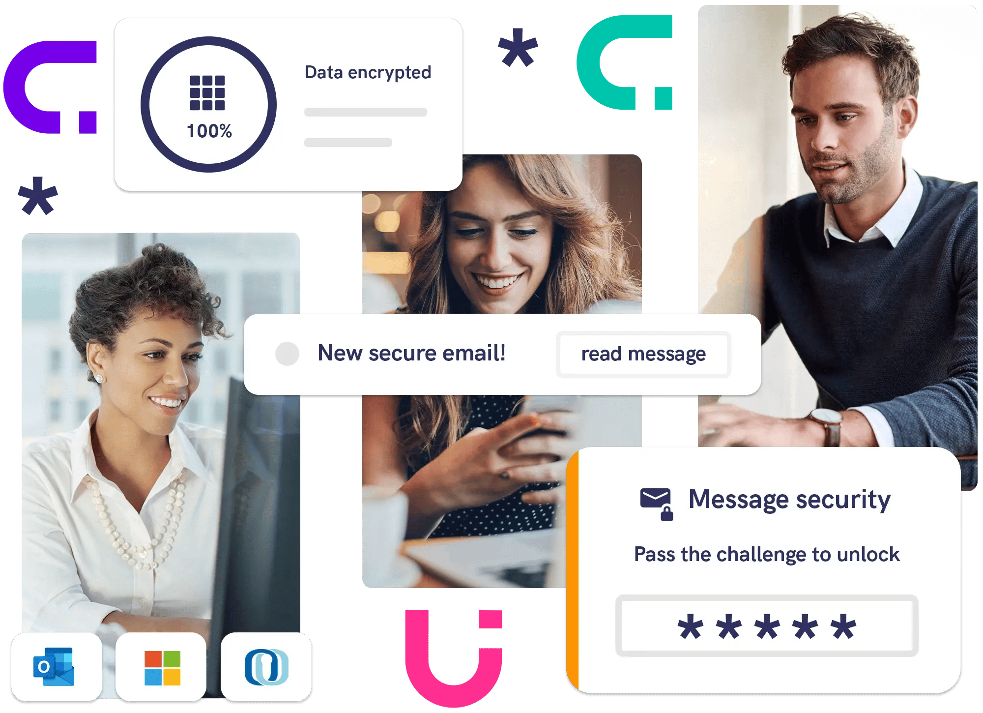 Mailock secure email notification showing encrypted message delivery, recipient authentication challenge, and users accessing protected communications