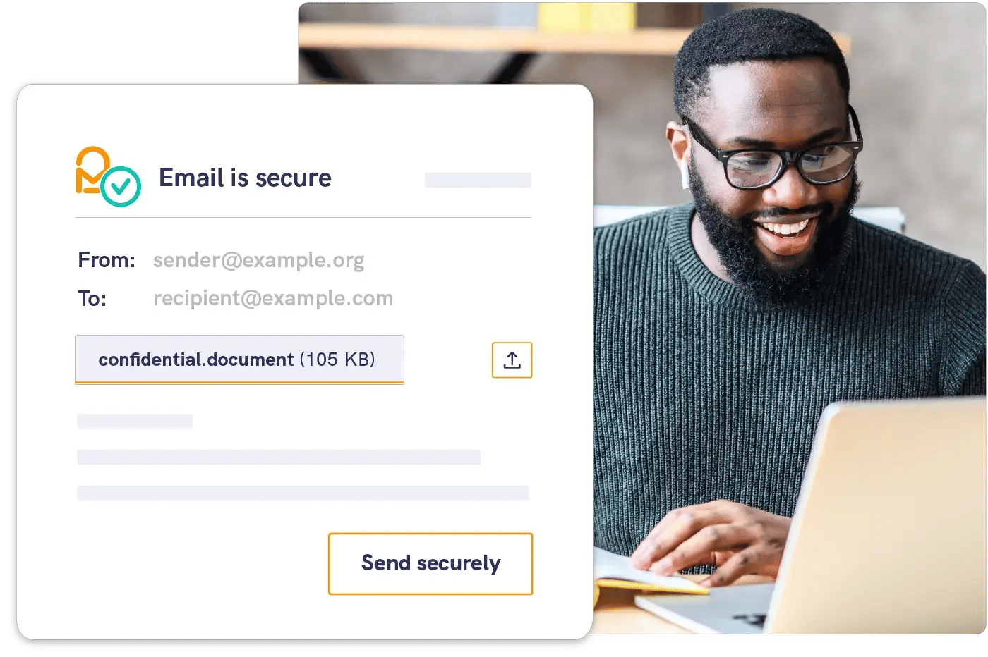 Male professional sending secure emails to his clients on laptop using mailock