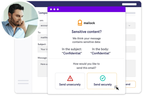 Mailock security alert UI in Outlook showing sensitive information has been detected in an email