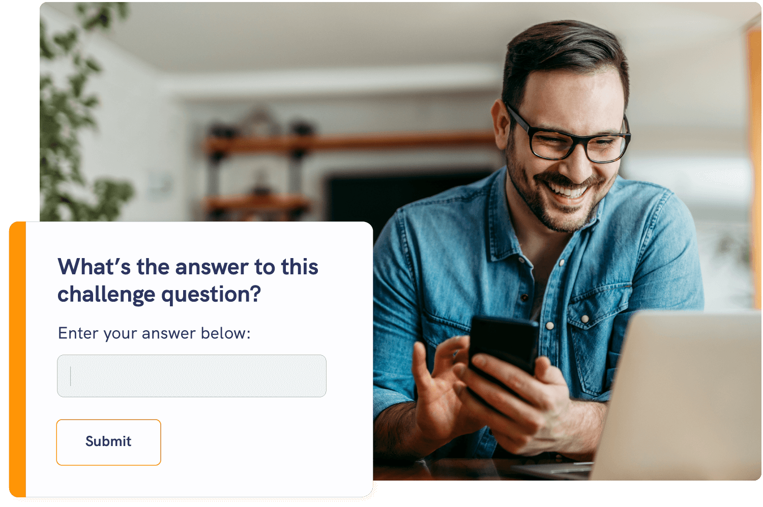 Man in office securing email and smiling with a coffee cup