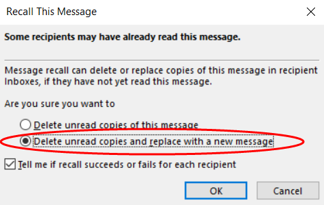Replacing an email in outlook dialog
