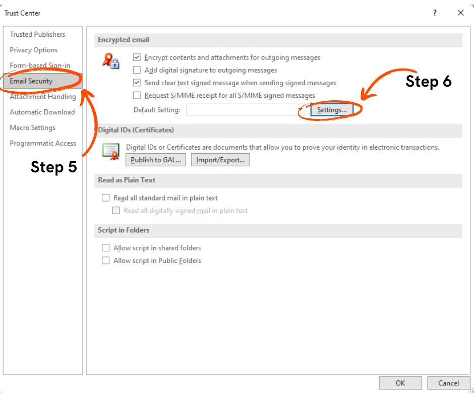 Set up Digital ID in Outlook - Step 5 and 6