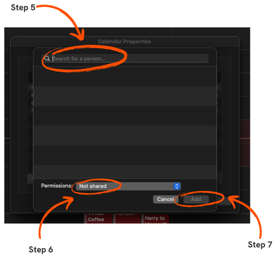 Sharing your calendar in the Mac Outlook app steps 5, 6, and 7
