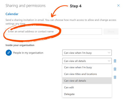 Sharing your calendar in Office 365: on the web step 4