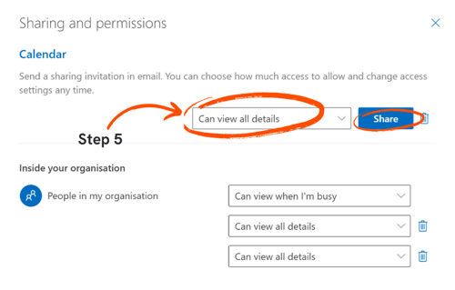 Sharing your calendar in Office 365: on the web step 5
