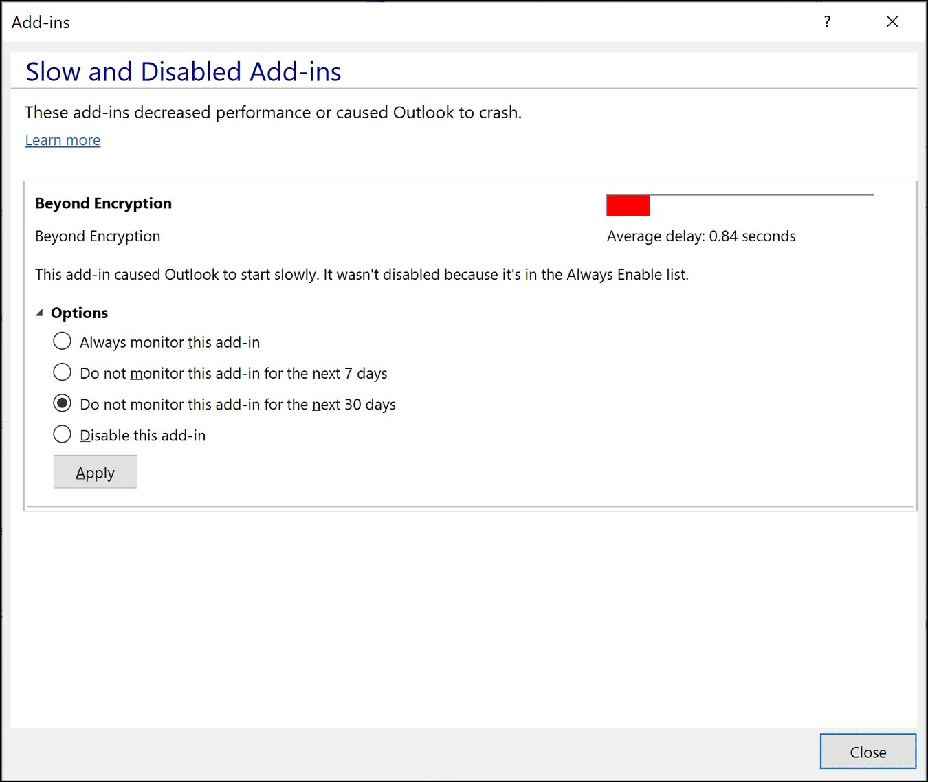 My Mailock Outlook addin keeps disabling itself